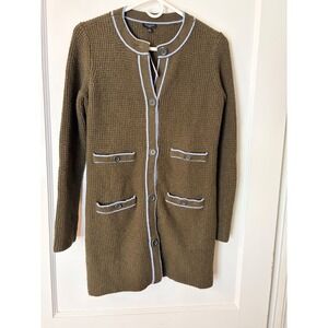 Talbots Petite Olive Green Waffle Knit Long Cardigan Blue Trim Size P NEW